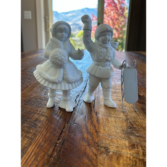 Department 56 Winter Silhouette Shiny Skates & Sled Porcelain Figurine Set Of 2 - Picture 1 of 10